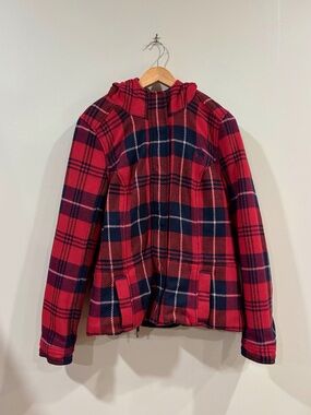 Abercrombie & Fitch Jacket Women L Fits S/M Red Plaid Hooded Wool Blend Preppy